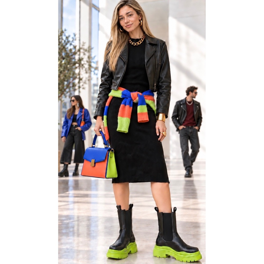 Azalea Wang Black Neon Green Platform Lug Sole Chelsea Boots Size 10 Womens